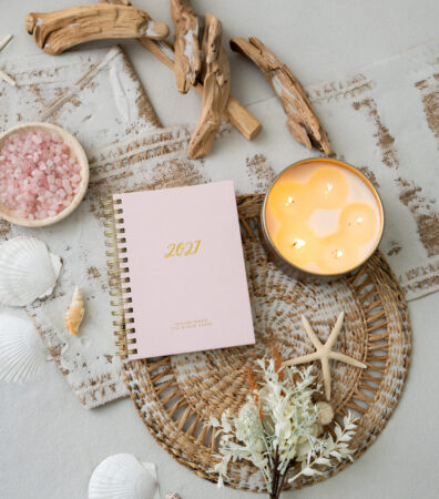 Val Marie Paper 2027 Rhythms prayer journal in Rosewater, a soft blush pink with gold spiral binding and gold foil lettering